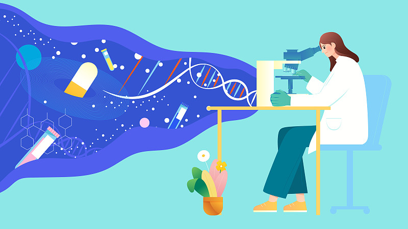 科学家研究医学生物科技基因药物矢量插画横图图片下载