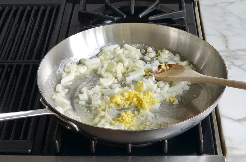 Vegetables in a skillet.